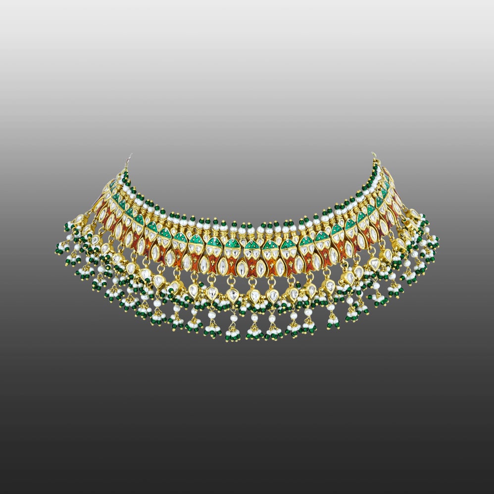 Red-Green Enamel Polki Choker with Green Beads and Pearl Clusters